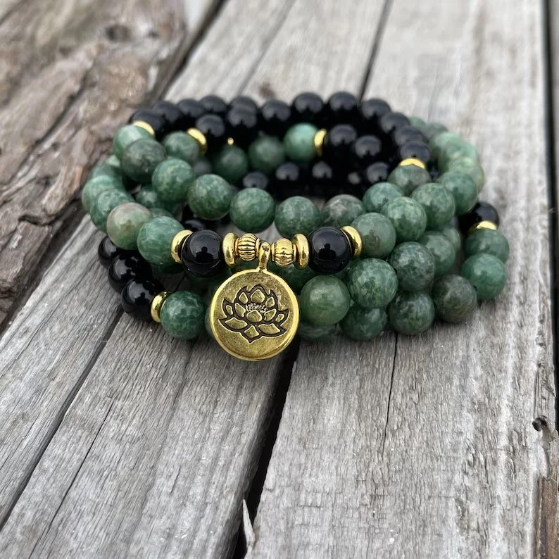 108 Beads Green Aventurine Healing Bracelet,Natural Obsidian Stone Mala Prayer Beads Bracelet,Meditation Balance Fearless Grounding Bracelet