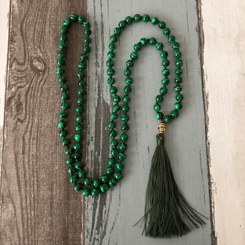 Malachite Gemstone Grounding Necklace-108 Mala Beads Tassel Necklace-Mala Necklace Yoga Gift