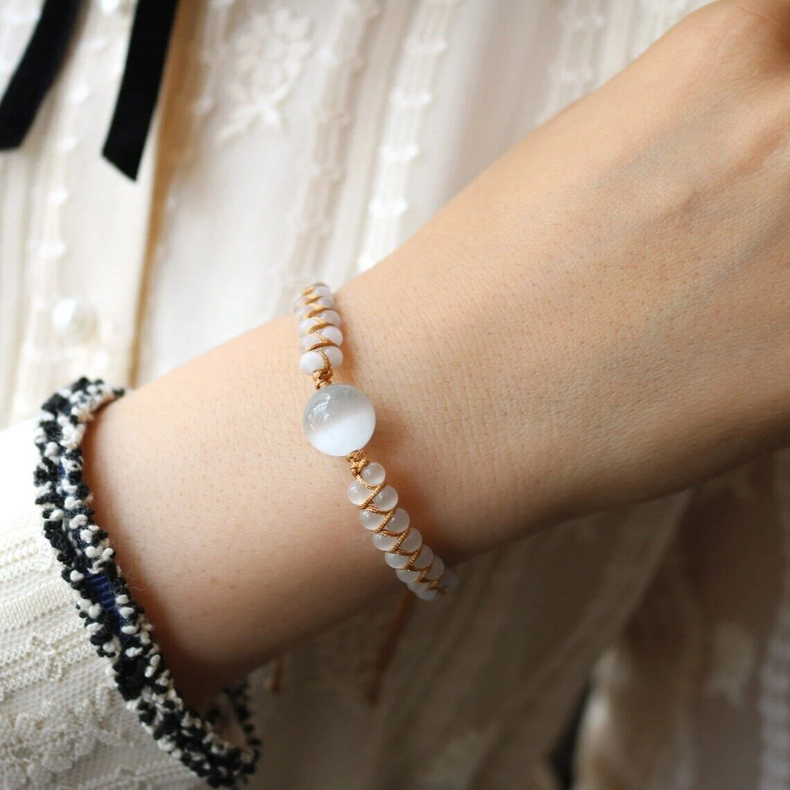 Unique Selenite Bracelet, Crystal Bracelet, Crown Chakra Bracelet