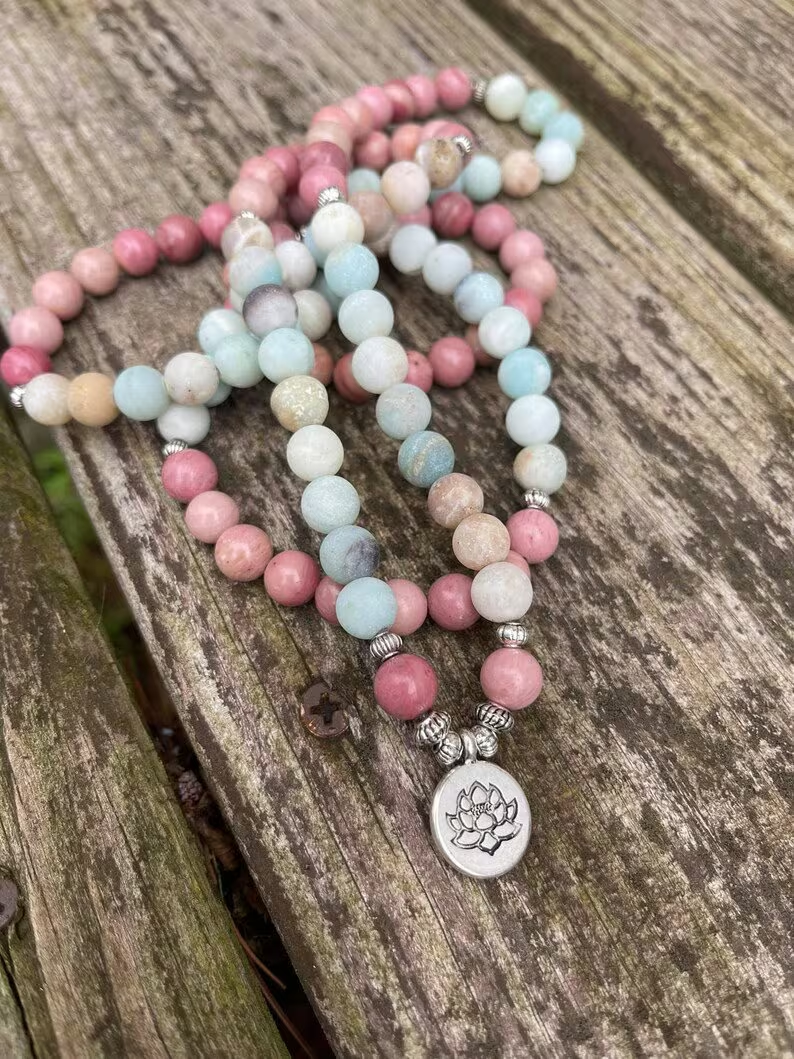 108 Mala Beads Rhodonite Necklace-Matte Mala Prayer Bead Necklace-Natural 8MM Amazonite Gemstone Necklace-Meditation Spiritual Yoga Necklace