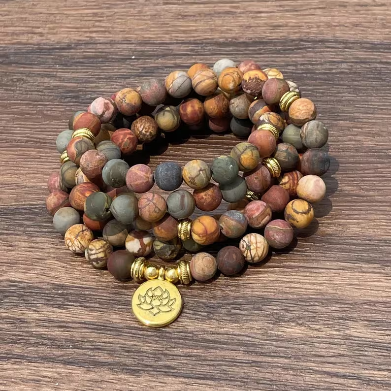 108 Beads Mala Bracelet, Matte Picture Jasper Stone Mala Bracelet, Mala Prayer Beaded Bracelet,Meditation Spiritual Yoga Friendship Bracelet