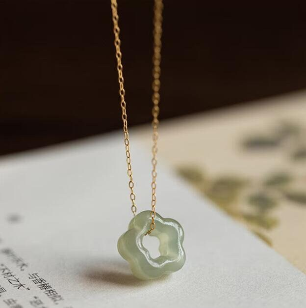Dainty Jade Necklace- Delicate Floral Pendant Necklace, Gold Chain Flower Necklace,  Natural Jade Necklace, March Birthstone Gift for her