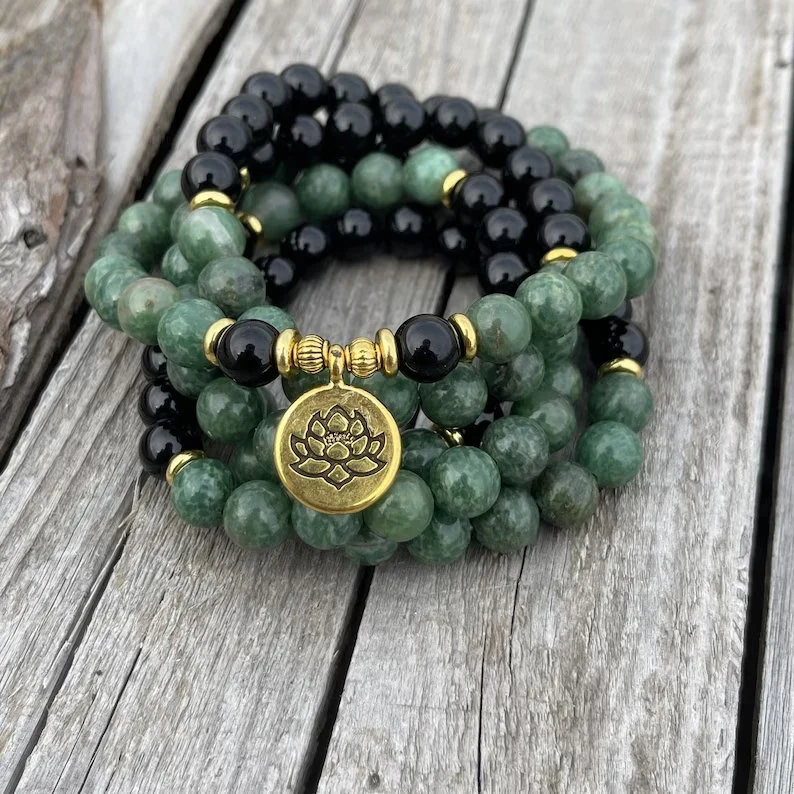 108 Beads Green Aventurine Healing Bracelet,Natural Obsidian Stone Mala Prayer Beads Bracelet,Meditation Balance Fearless Grounding Bracelet