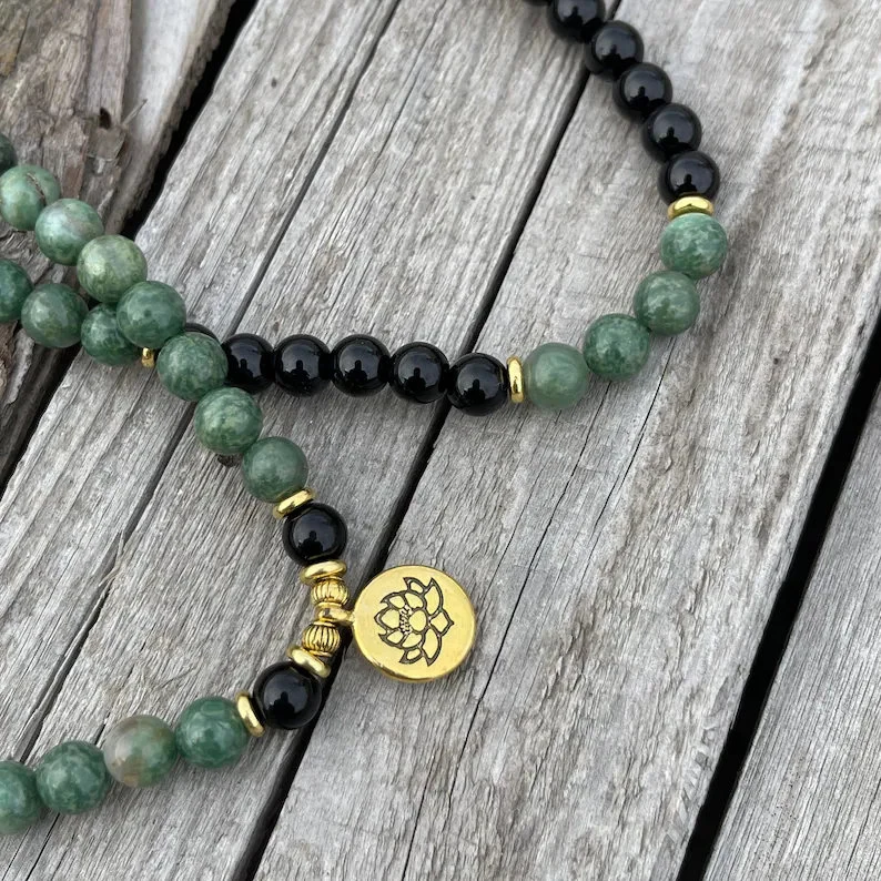108 Beads Green Aventurine Healing Bracelet,Natural Obsidian Stone Mala Prayer Beads Bracelet,Meditation Balance Fearless Grounding Bracelet