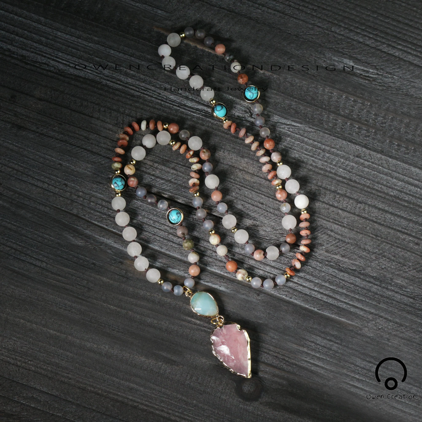 Rose Quartz Arrowhead Necklace-Hand Knotted Natural Stone 108 Beads Mala Prayer Pendant Necklace- Gift