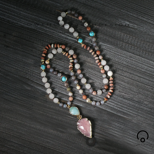 Rose Quartz Arrowhead Necklace-Hand Knotted Natural Stone 108 Beads Mala Prayer Pendant Necklace- Gift