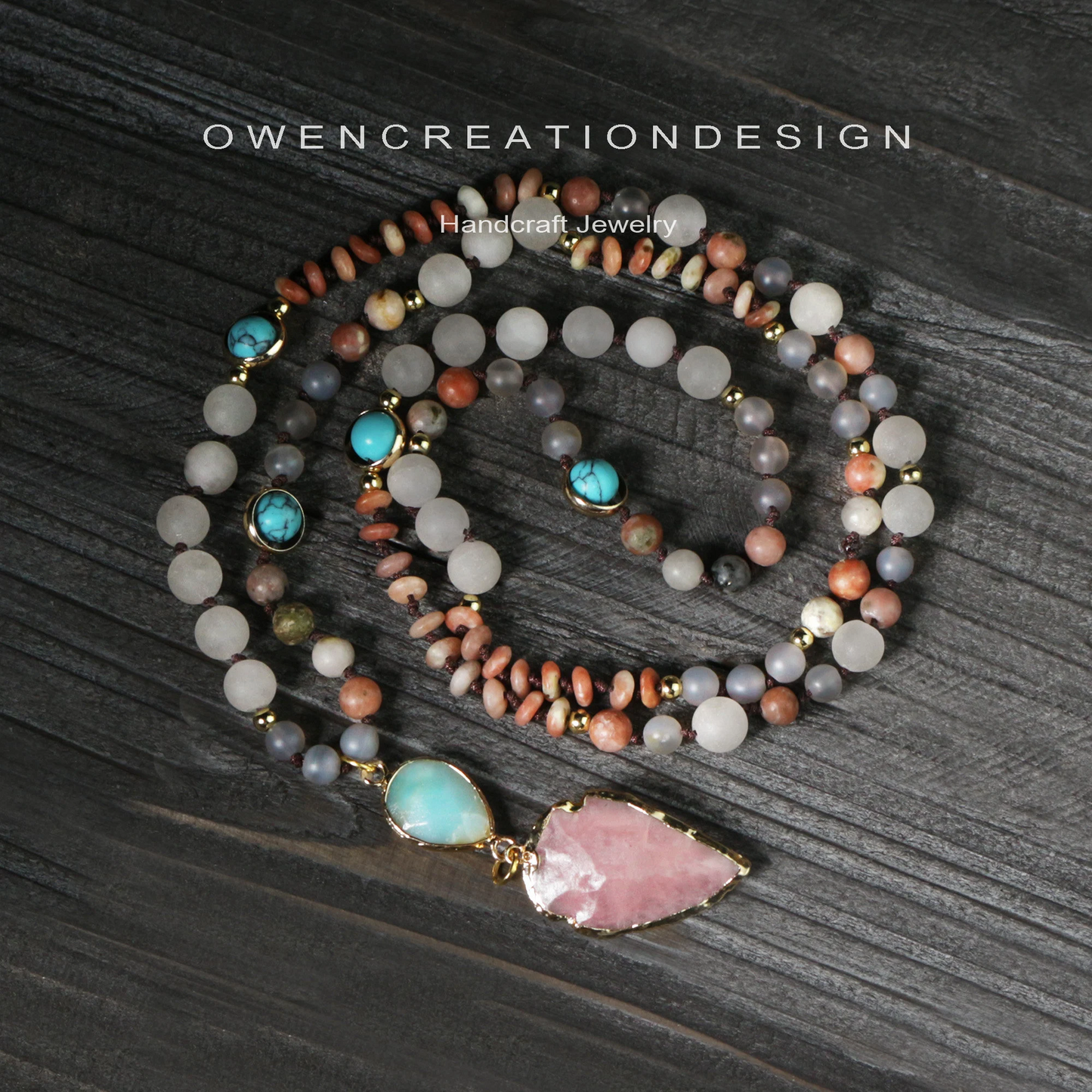 Rose Quartz Arrowhead Necklace-Hand Knotted Natural Stone 108 Beads Mala Prayer Pendant Necklace- Gift