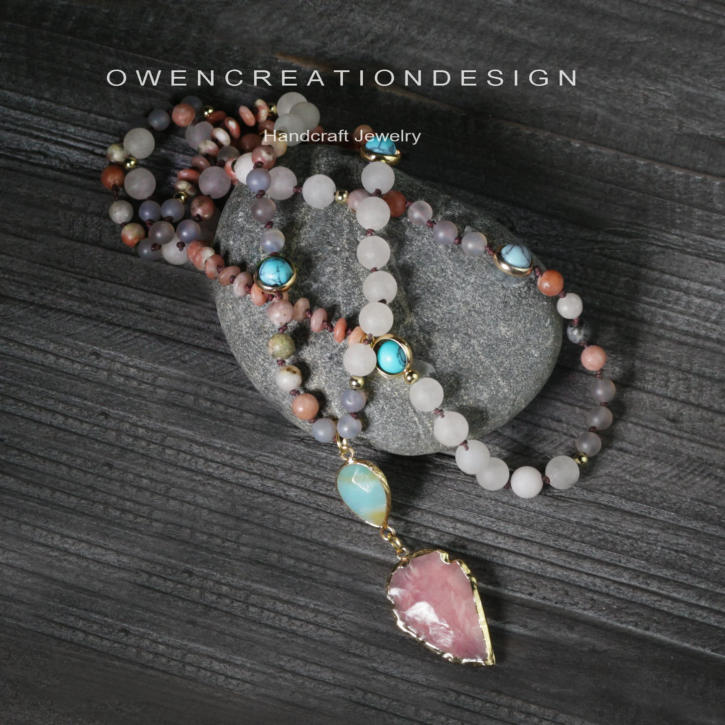 Rose Quartz Arrowhead Necklace-Hand Knotted Natural Stone 108 Beads Mala Prayer Pendant Necklace- Gift