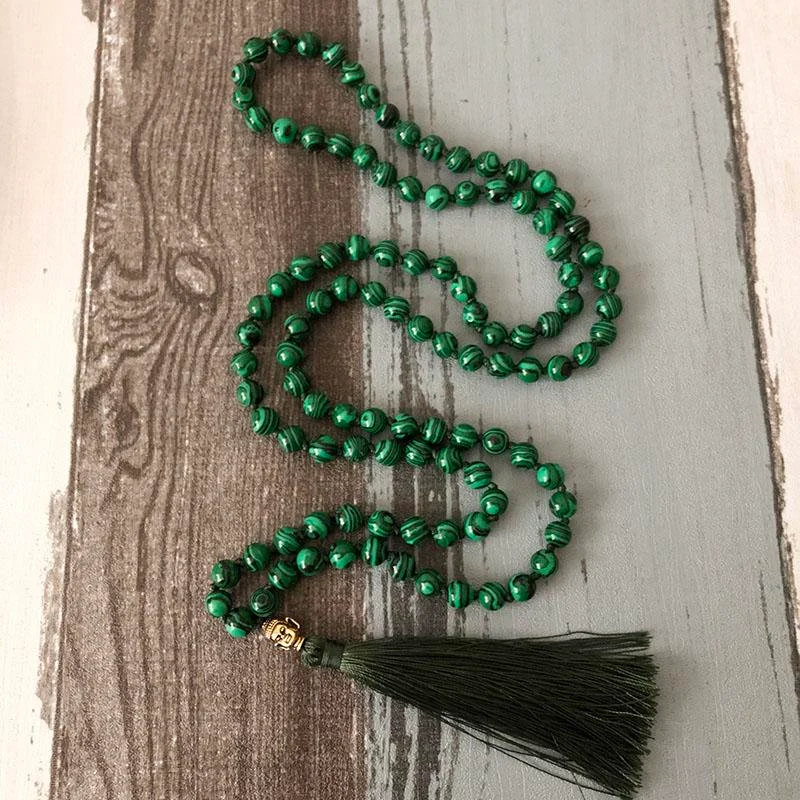 Malachite Gemstone Grounding Necklace-108 Mala Beads Tassel Necklace-Mala Necklace Yoga Gift