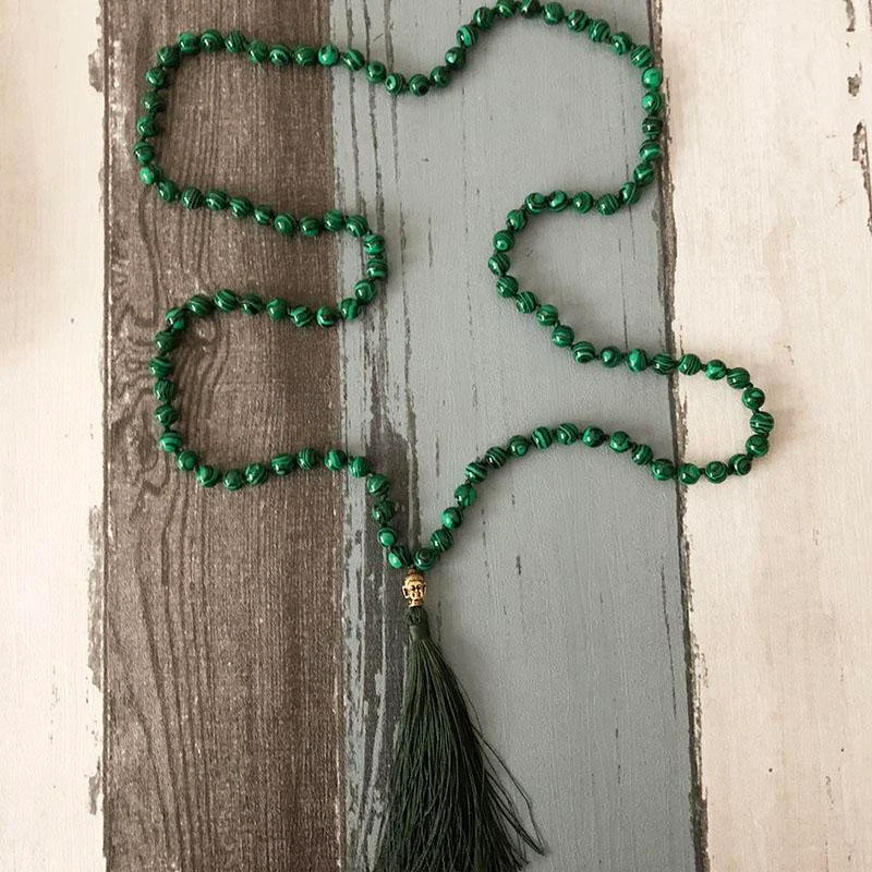 Malachite Gemstone Grounding Necklace-108 Mala Beads Tassel Necklace-Mala Necklace Yoga Gift