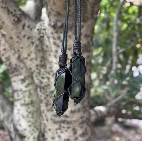 Black Obsidian Pendant Necklace for Men-Obsidian Stone Hexagon Point Wrapped Necklace-Obsidian Healing Crystal Necklace for Women