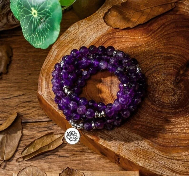 108 Beads Mala Prayer Bracelet- Amethyst Stone Bracelet Necklace-Gifts for Mom