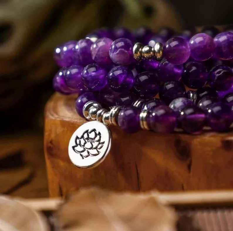 108 Beads Mala Prayer Bracelet- Amethyst Stone Bracelet Necklace-Gifts for Mom