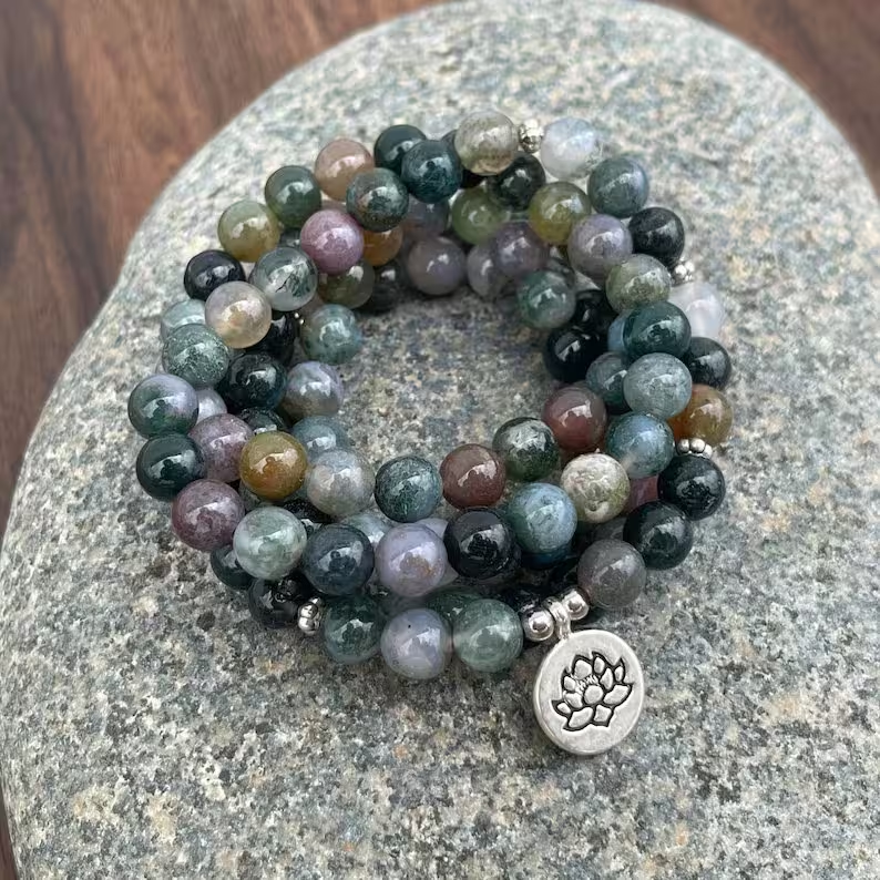 108 Beads Mala Bracelet - Moss Agate Stone Mala Bracelet - Meditation Spiritual Yoga Friendship Bracelet - Mala Prayer Beaded Bracelet