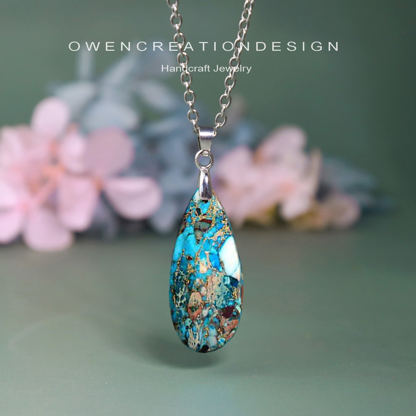 Natural Stone Pendant Necklace- Blue Sea Sediment Jasper Stone Teardrop Necklace