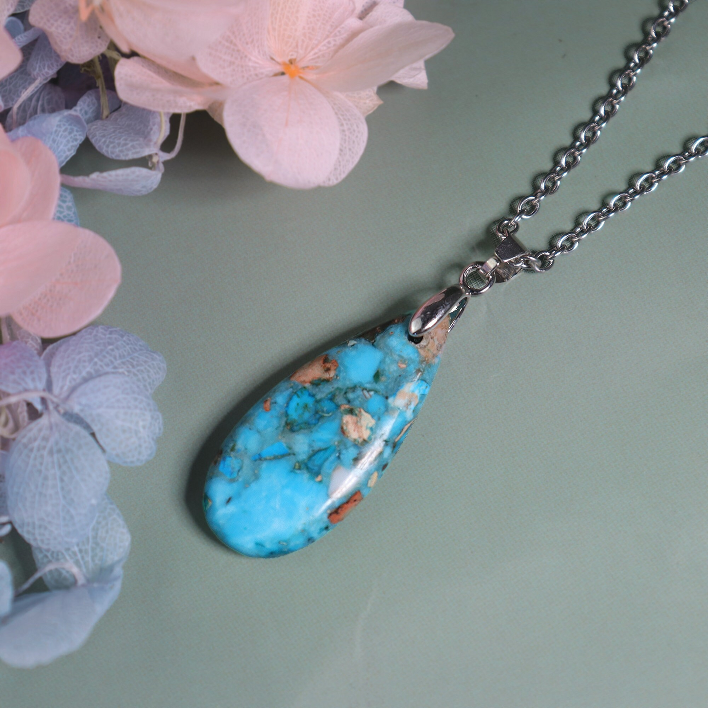 Natural Stone Pendant Necklace- Blue Sea Sediment Jasper Stone Teardrop Necklace