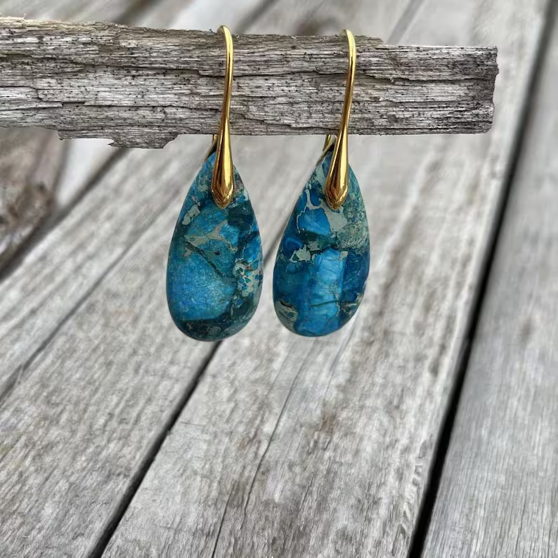 Vintage Healing Gold Drop Earrings,Blue Sea Sediment Earrings,Healing Stones Dangle Earrings,Inner Peace Meditation Grounding Balance Gift