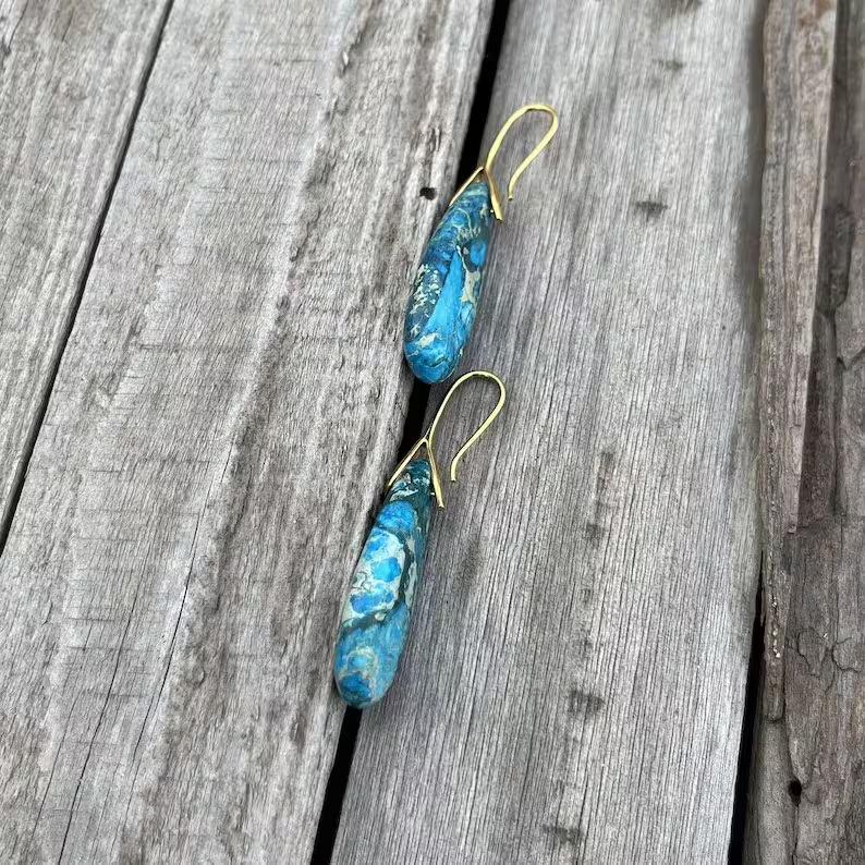 Vintage Healing Gold Drop Earrings,Blue Sea Sediment Earrings,Healing Stones Dangle Earrings,Inner Peace Meditation Grounding Balance Gift