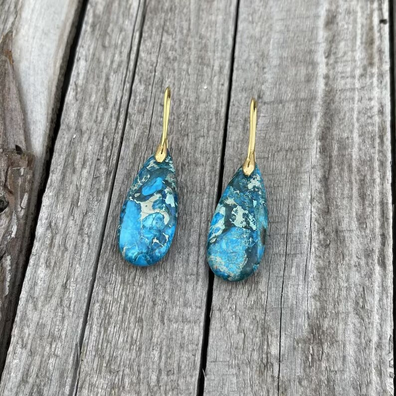 Vintage Healing Gold Drop Earrings,Blue Sea Sediment Earrings,Healing Stones Dangle Earrings,Inner Peace Meditation Grounding Balance Gift