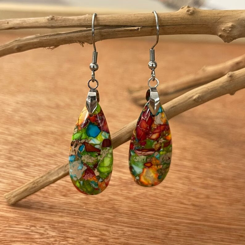 Jasper Stone Drop Earrings, Natural Raw Gemstone Meditation Balance Healing Dangle Earrings, Energy Spiritual Protection