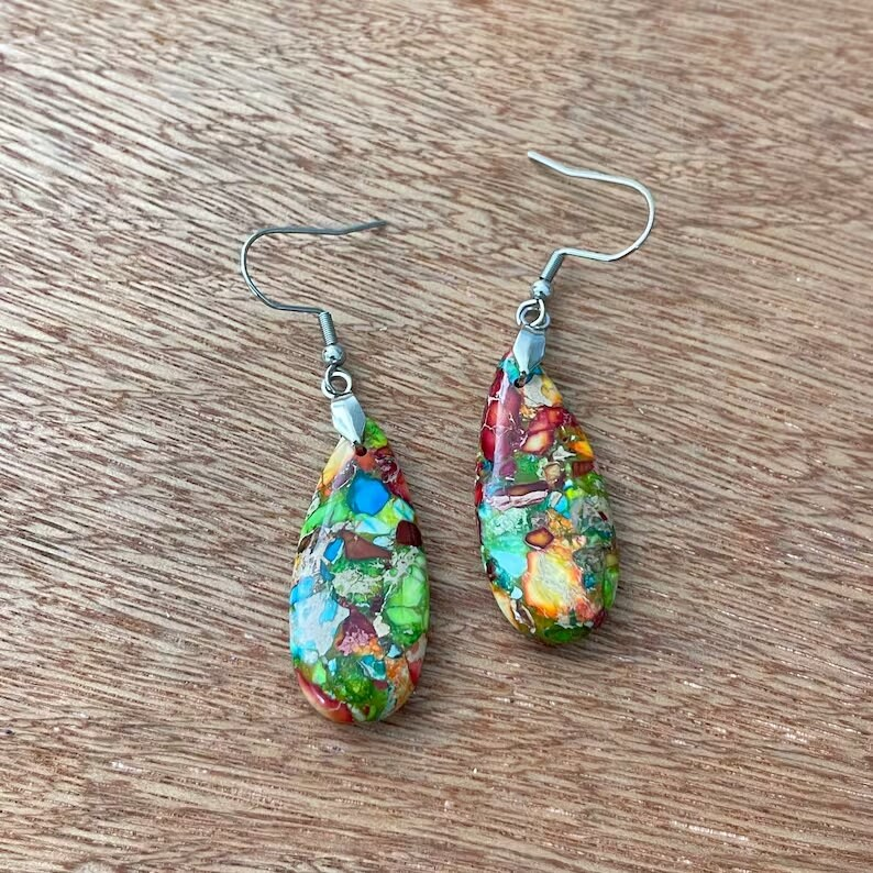 Jasper Stone Drop Earrings, Natural Raw Gemstone Meditation Balance Healing Dangle Earrings, Energy Spiritual Protection