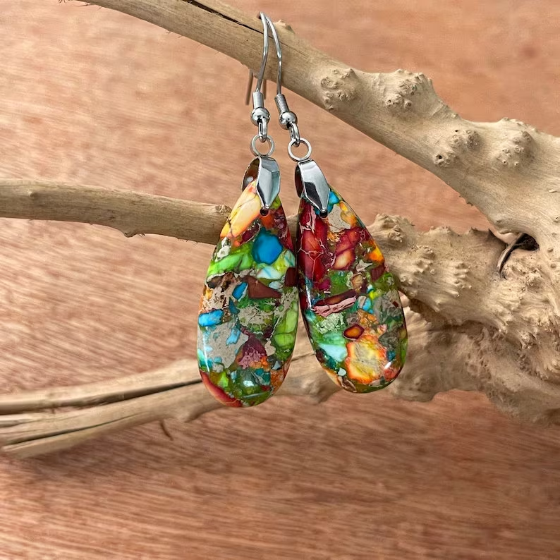 Jasper Stone Drop Earrings, Natural Raw Gemstone Meditation Balance Healing Dangle Earrings, Energy Spiritual Protection