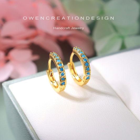 Sterling Silver Turquoise Stones Huggie Hoop Earrings- Minimalist Geometric Hoop Earrings, Delicate Simple Nature Stone Dainty Earrings