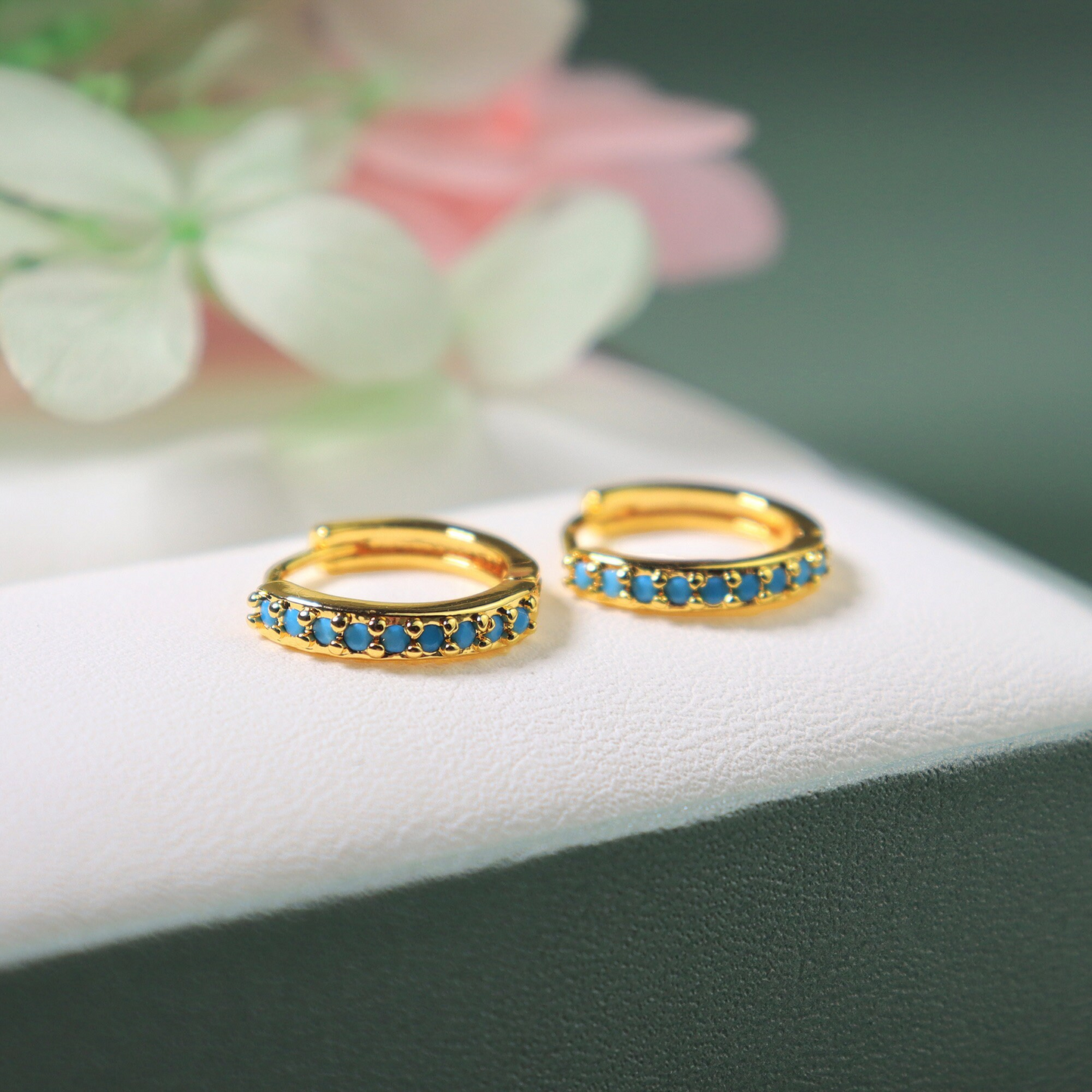 Sterling Silver Turquoise Stones Huggie Hoop Earrings- Minimalist Geometric Hoop Earrings, Delicate Simple Nature Stone Dainty Earrings
