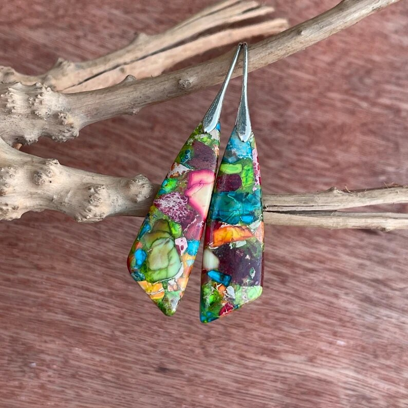 Natural Gemstone Colorful Earrings, Nature Healing Drop Earrings, Bohemia Earrings, Gold Earring