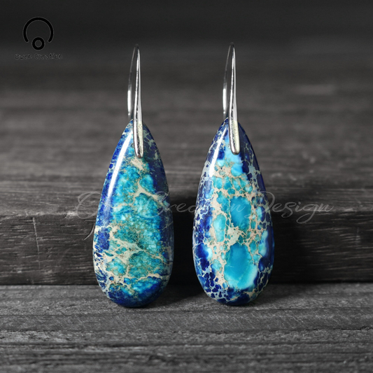 Natural Blue Sea Sediment Stone Dangle Earrings- Healing Teardrop Earrings, Inner Peace Meditation Grounding Earrings