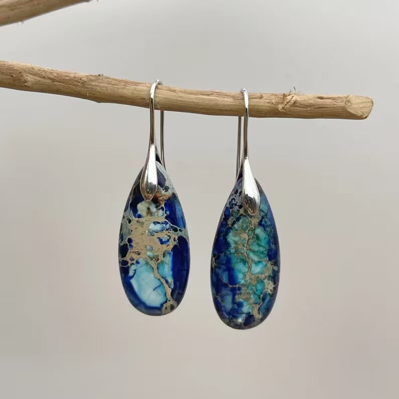 Natural Blue Sea Sediment Stone Dangle Earrings- Healing Teardrop Earrings, Inner Peace Meditation Grounding Earrings