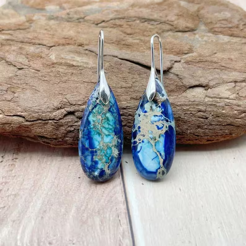 Natural Blue Sea Sediment Stone Dangle Earrings- Healing Teardrop Earrings, Inner Peace Meditation Grounding Earrings