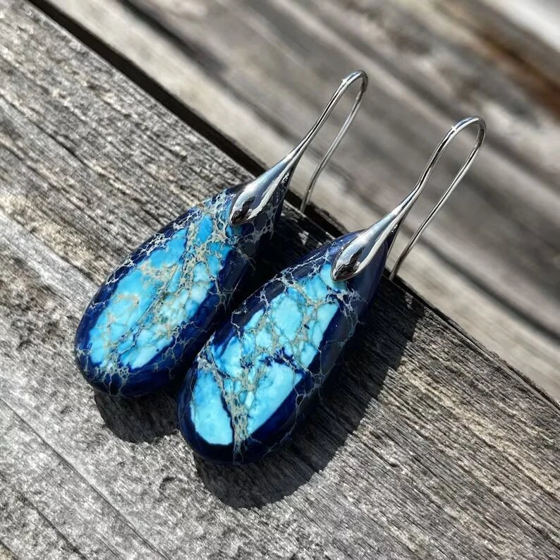 Natural Blue Sea Sediment Stone Dangle Earrings- Healing Teardrop Earrings, Inner Peace Meditation Grounding Earrings