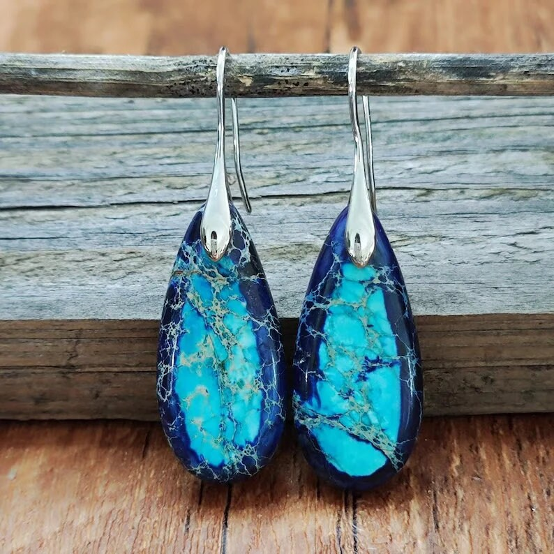 Natural Blue Sea Sediment Stone Dangle Earrings- Healing Teardrop Earrings, Inner Peace Meditation Grounding Earrings