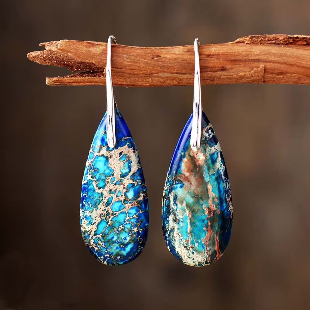 Natural Blue Sea Sediment Stone Dangle Earrings- Healing Teardrop Earrings, Inner Peace Meditation Grounding Earrings