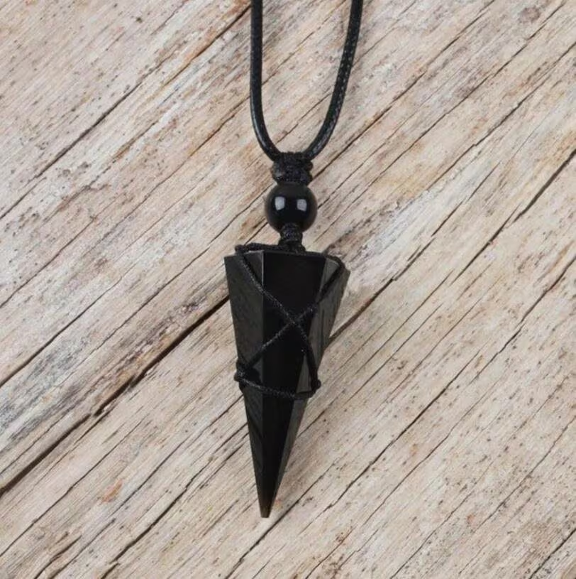 Obsidian Pendant Necklace-Natural Black Obsidian Stone Hexagon Point Wrapped Necklace- Yoga Necklace