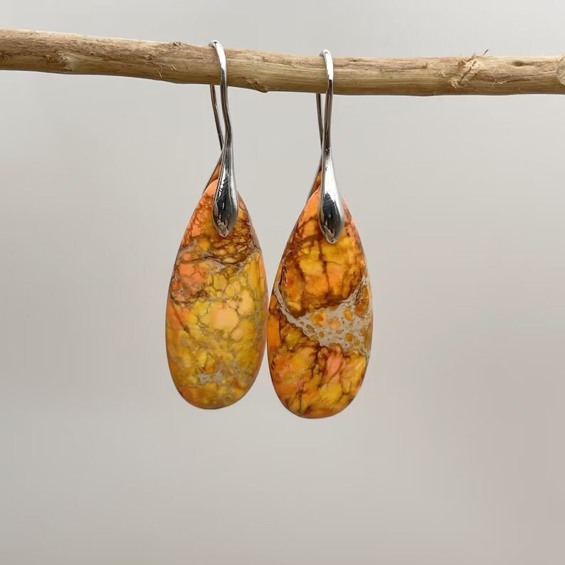 Yellow Sea Sediment Hook Earrings, Natural Gemstone Dangle Earrings, Healing Drop Earrings, Inner Peace Meditation Grounding Earrings