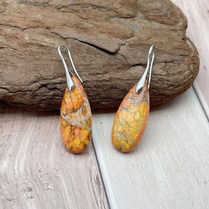 Yellow Sea Sediment Hook Earrings, Natural Gemstone Dangle Earrings, Healing Drop Earrings, Inner Peace Meditation Grounding Earrings
