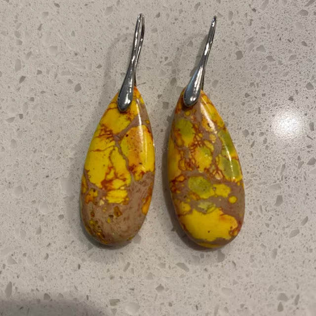 Yellow Sea Sediment Hook Earrings, Natural Gemstone Dangle Earrings, Healing Drop Earrings, Inner Peace Meditation Grounding Earrings