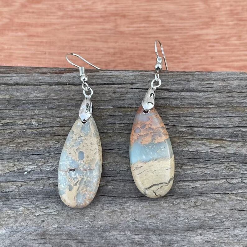 Jasper Sea Sediment Earrings, Healing Teardrop Earrings, Natural Gemstone Dangle Earrings, Inner Peace Meditation Grounding Earrings