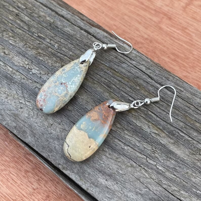 Jasper Sea Sediment Earrings, Healing Teardrop Earrings, Natural Gemstone Dangle Earrings, Inner Peace Meditation Grounding Earrings