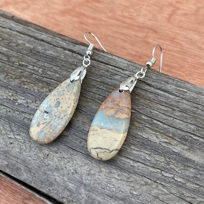 Jasper Sea Sediment Earrings, Healing Teardrop Earrings, Natural Gemstone Dangle Earrings, Inner Peace Meditation Grounding Earrings