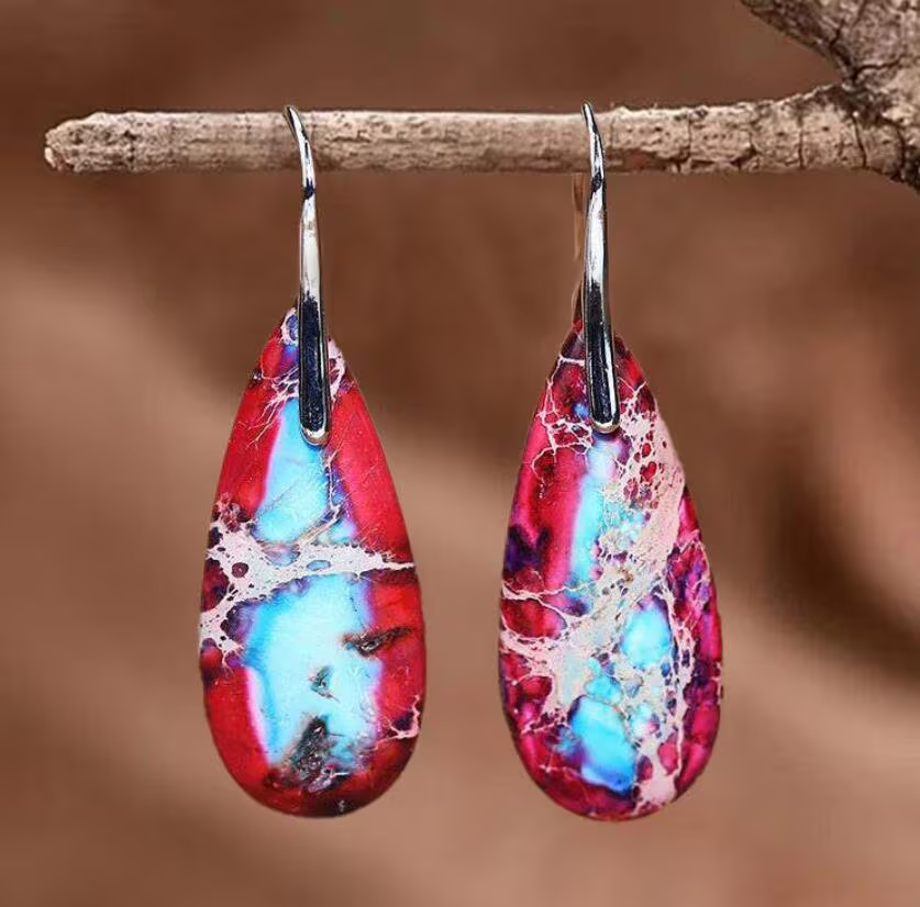 Natural Red Sea Sediment Stone Earrings- Mental Health Gemstone Dangle Drop Earrings for Women