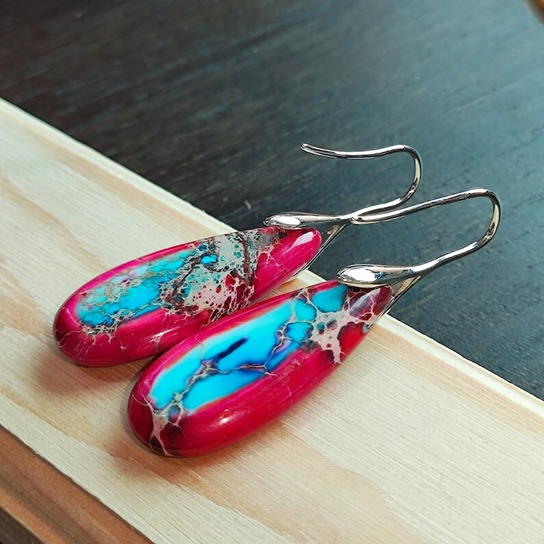 Natural Red Sea Sediment Stone Earrings- Mental Health Gemstone Dangle Drop Earrings for Women
