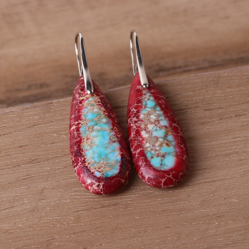 Natural Red Sea Sediment Stone Earrings- Mental Health Gemstone Dangle Drop Earrings for Women