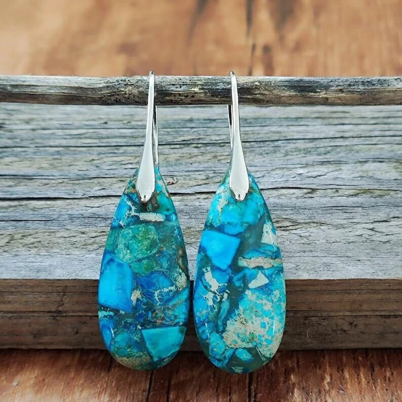 Blue Sea Sediment Jasper Stone Dangle Earrings, Deep Blue Jasper Earrings, Healing Earrings, Calming Meditation Spiritual Earrings