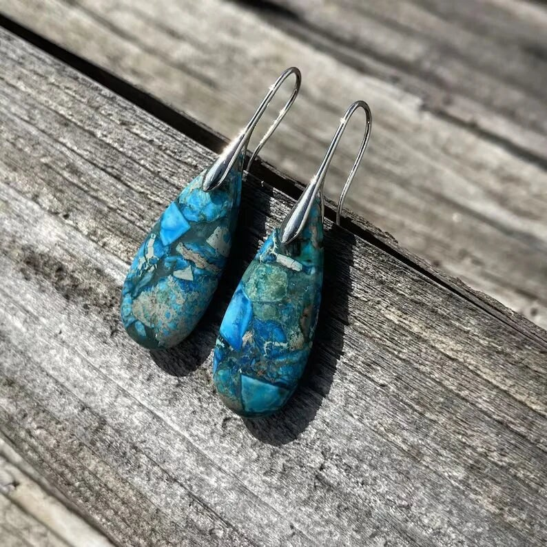 Blue Sea Sediment Jasper Stone Dangle Earrings, Deep Blue Jasper Earrings, Healing Earrings, Calming Meditation Spiritual Earrings