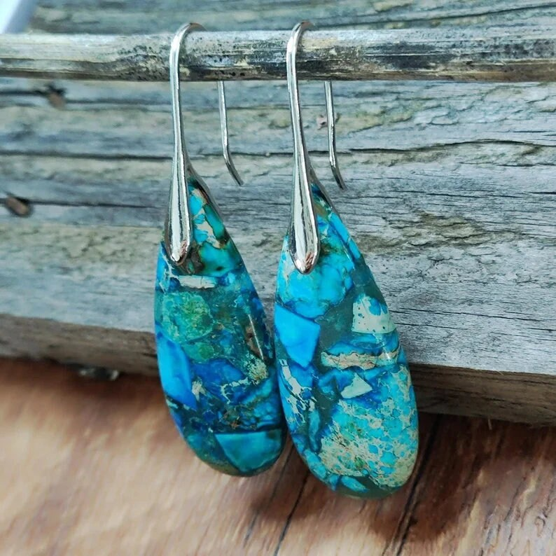 Blue Sea Sediment Jasper Stone Dangle Earrings, Deep Blue Jasper Earrings, Healing Earrings, Calming Meditation Spiritual Earrings