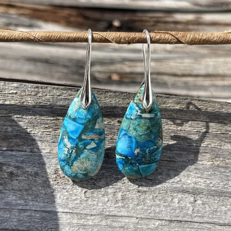 Blue Sea Sediment Jasper Stone Dangle Earrings, Deep Blue Jasper Earrings, Healing Earrings, Calming Meditation Spiritual Earrings