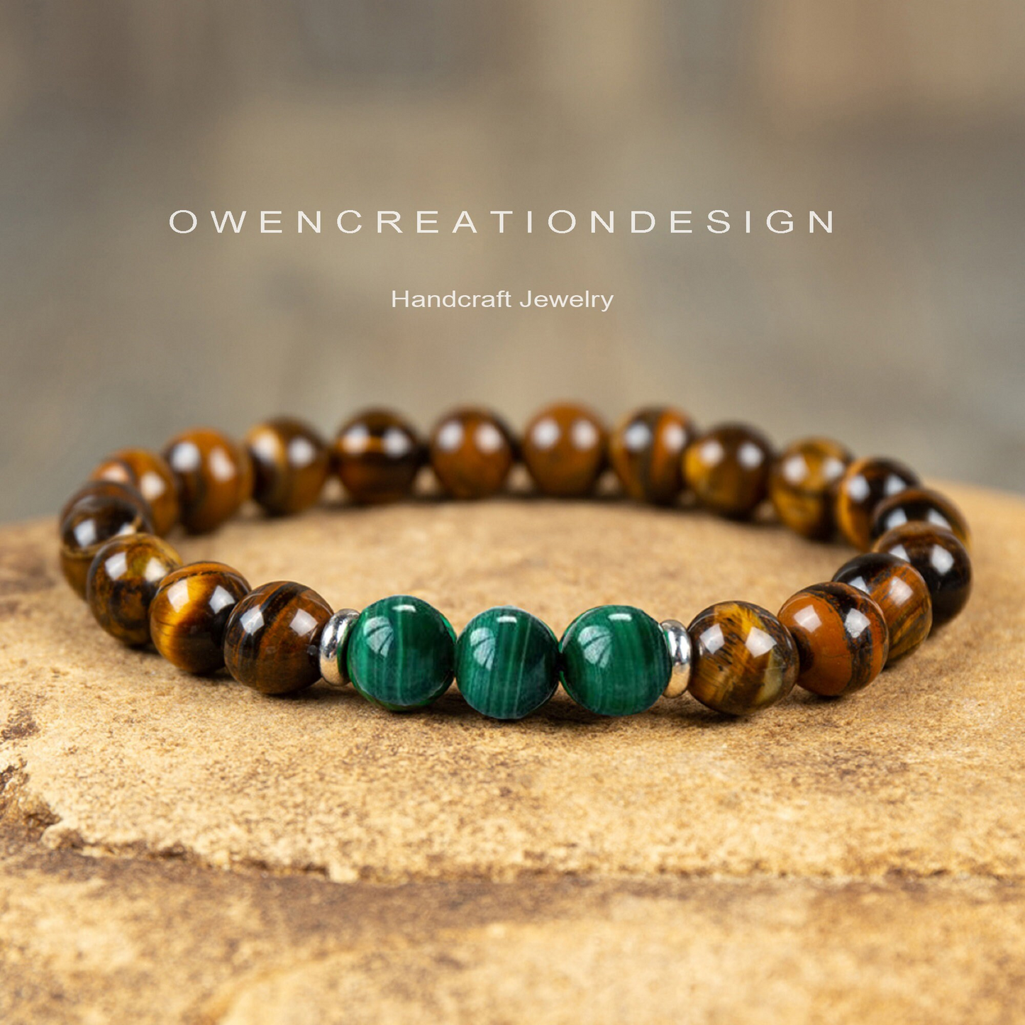 Natural Malachite Stone Bracelet- Healing Tiger's Eye Crystal Stretch Bracelet